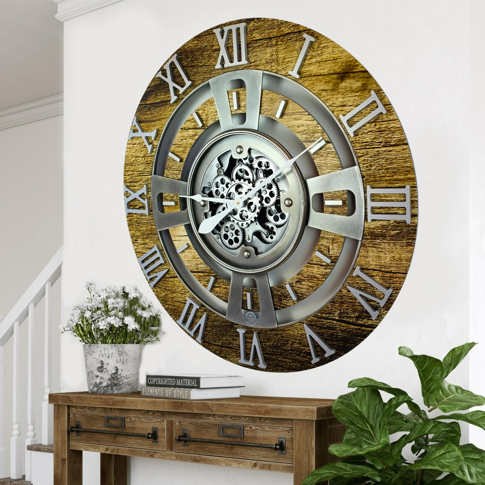 THE GEARS CLOCK Wall Clock with Real Moving Gears EN-LI_ 36 in Round Gold-Antique