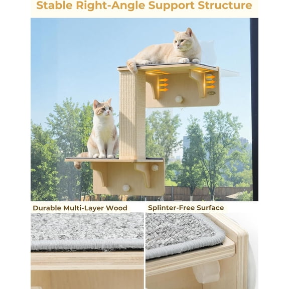 Double Cat Shelves with Scratching Post for Wall and Window with Solid Wood, Strong Suction Cup, Washable Cover Mat, Cats Perch Bed for Birds Watching Inside Indoor Cat Hammock Bed