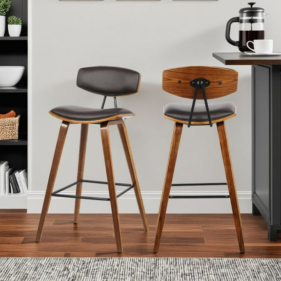Fox 25.5" Counter Height Brown Faux Leather and Walnut Wood Mid-Century Modern Bar Stool - Set of 2