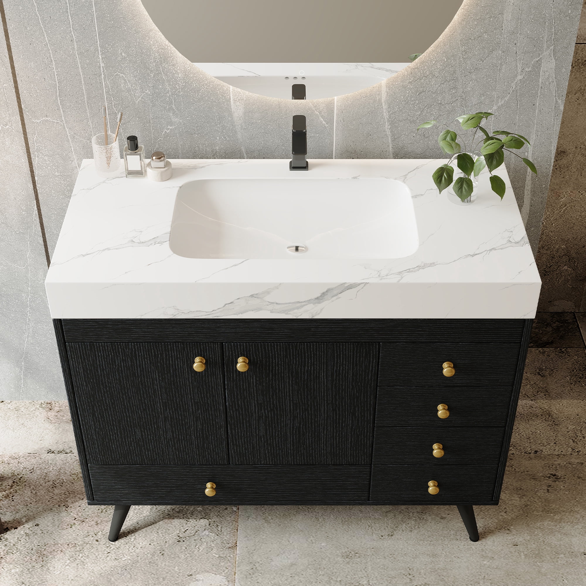 FFZ 36 inch Freestanding Bathroom Vanity Faux Marble Top Ceramic Sink 5 Drawers Stainless Steel Legs