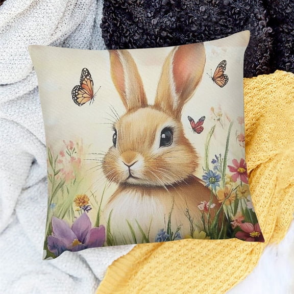 PRATYUS Easter Pillow Covers Bunny Easter Throw Pillow Covers Spring Floral Rabbit Decorative Outdoor Pillowcases Linen Cushion Covers for Couch Sofa Bedroom Holiday Outdoor 18x18in