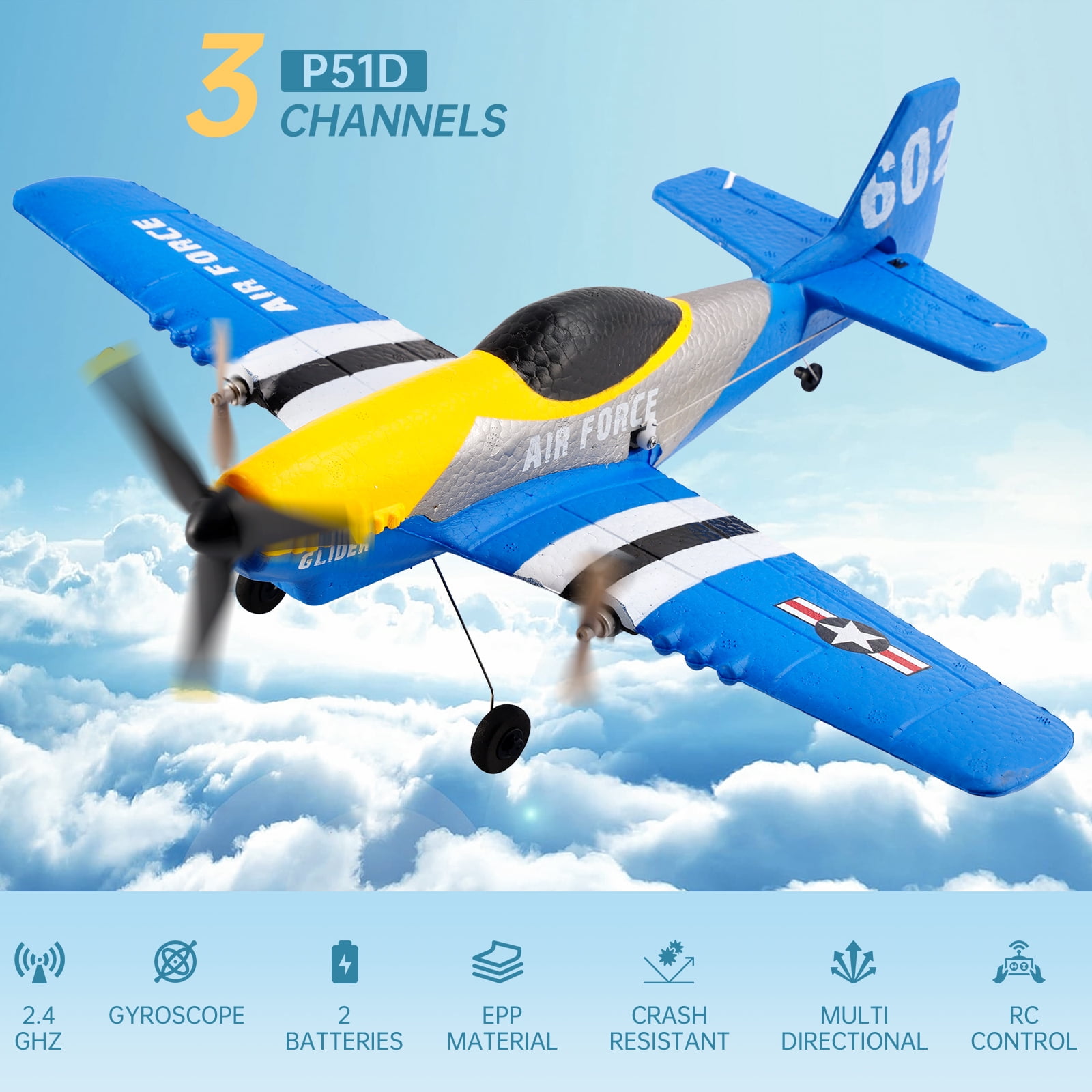 Bruce&Shark RC Plane 3 Channel P51 Remote Control Airplane Fighter Toys, 2.4GHz 6-axis Gyro Stabilizer RTF Glider Aircraft Plane with 2 Batteries, Easy to Fly for Adults Kids Beginners Boys