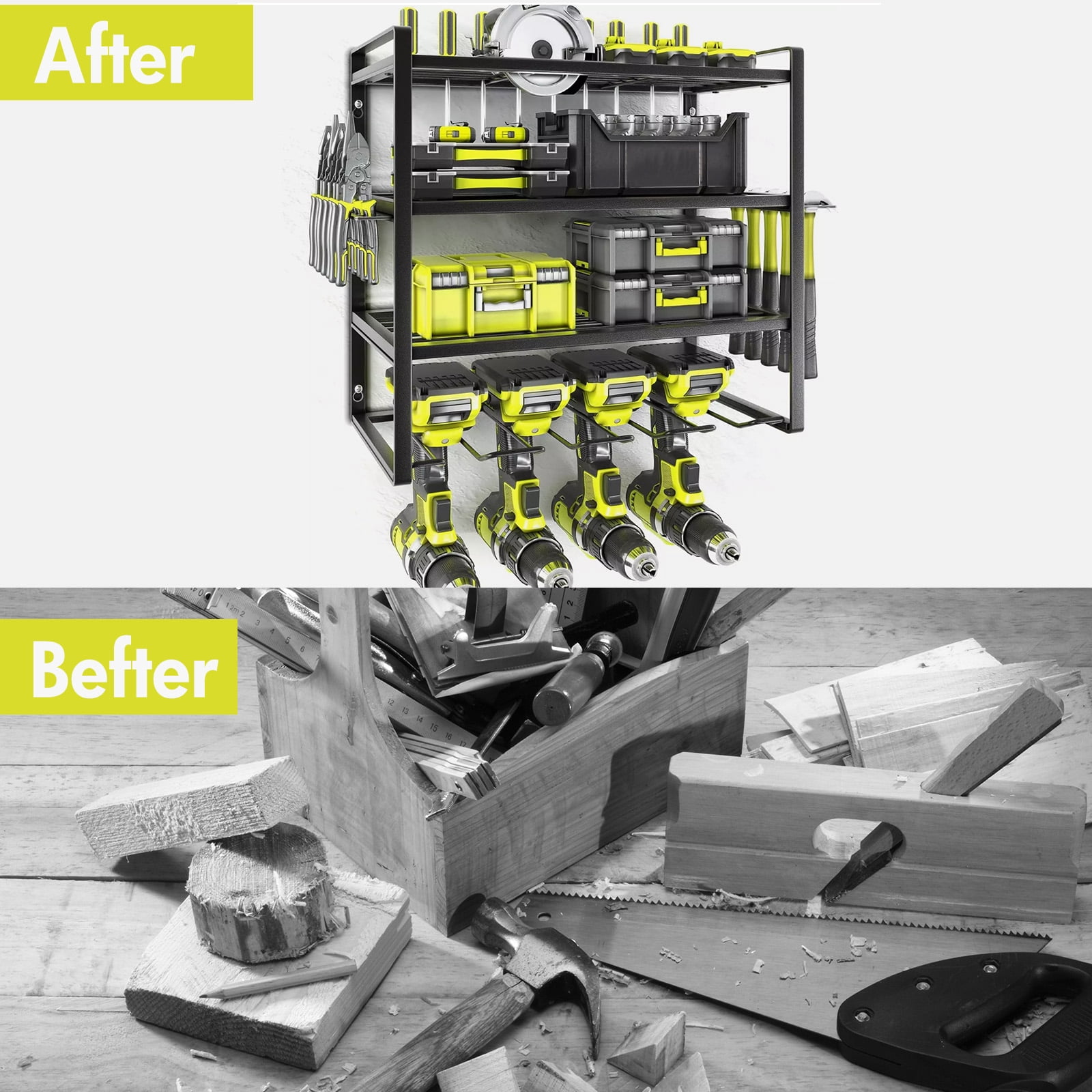 4 Layers Power Tool Organizer, Heavy Duty Metal Tool Storage Rack, Drill Holder Wall Mount, Battery Tools Holder Shelf, Utility Tool Shelves for Workshop or Garage, Black