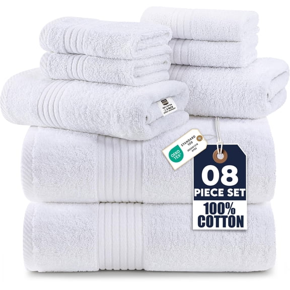 Utopia Towels 8 Piece Premium Towel Set, 2 Bath, 2 Hand, and 4 Washcloths, 100% Ring Spun Cotton, Highly Absorbent Towels for Bathroom, Sports, and Hotel, White