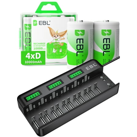 12 2 Bay LCD Battery Charger with Nimh D Cell Rechargeable Batteries, 4 Pack