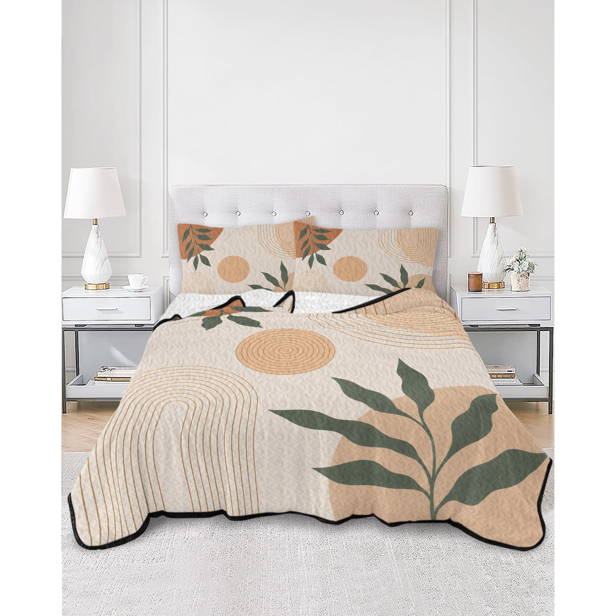 Twin Quilt Bedding Set Abstract Geometric Leaf Boho Arch Sun Summer Quilt Lightweight Quilted Coverlet with 2 Pillow Shams Vintage Mid Century 3-Piece Bedspread Quilt Set for All Season