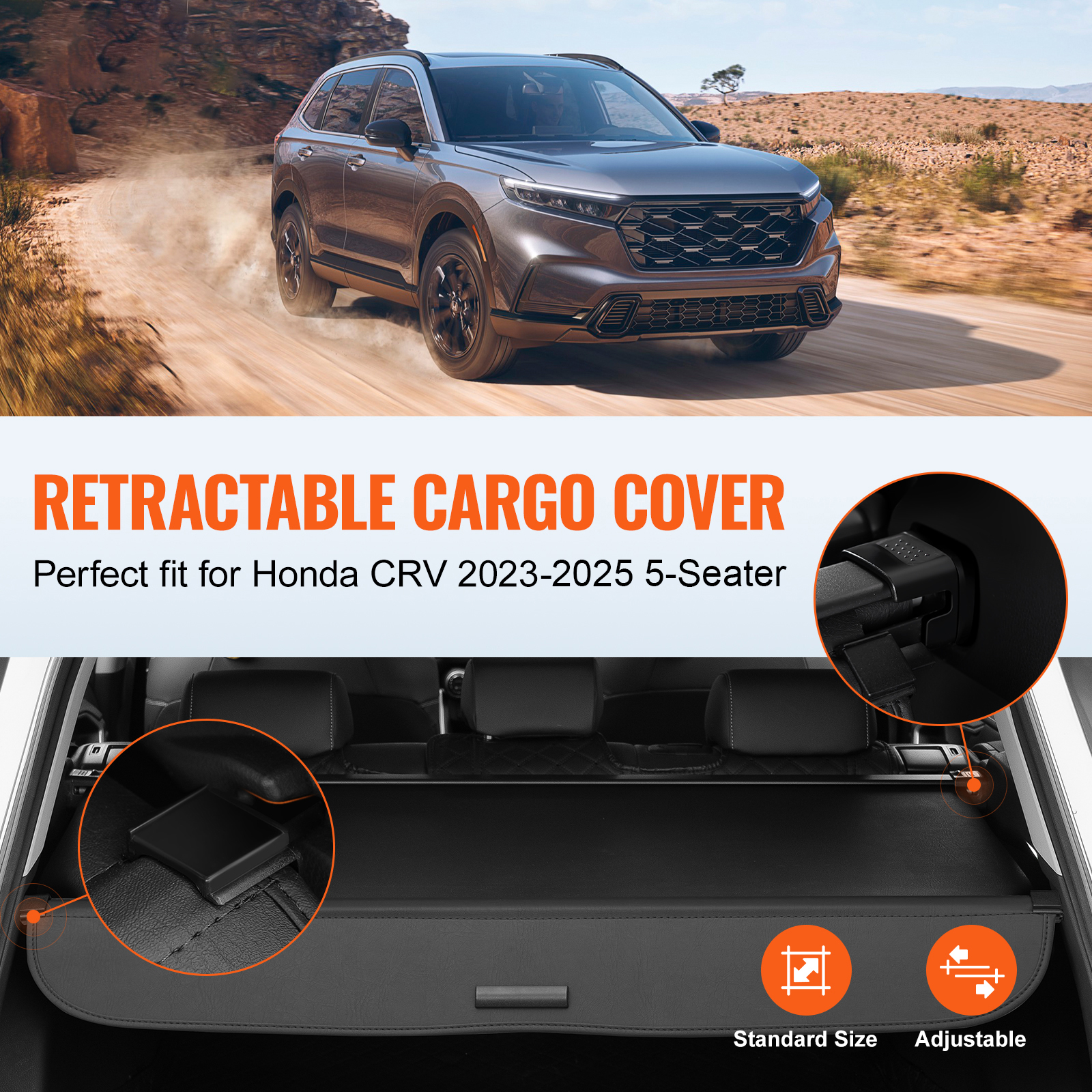 KFFKFF Retractable Cargo Cover for Honda CRV 2023-2025, Enhanced Waterproof Trunk Security Shade for 5-Seater Models, UV-Resistant Rear Cover with Durable Aluminum Alloy and PVC Leather Finish