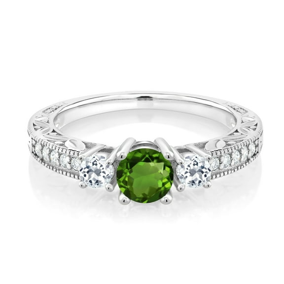Gem Stone King 925 Sterling Silver Green Chrome Diopside and White Topaz 3 Stone Women Engagement Ring (0.91 Cttw, Gemstone Birthstone, Size 6)