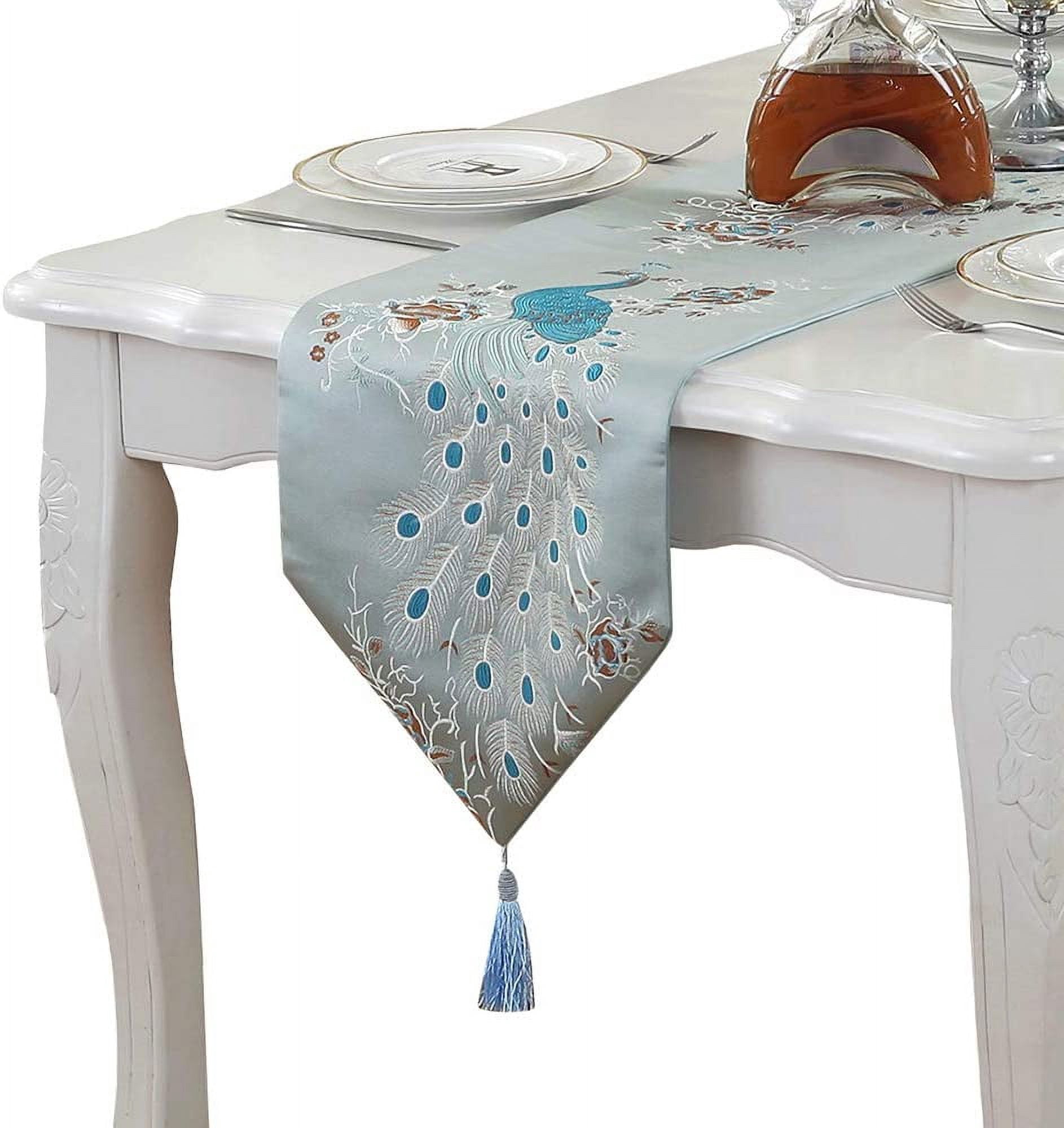 Embroidery Peacock Table Runner - 13 X 83 Inches, Non-Slip Back, Green, For Wedding & Home Decor
