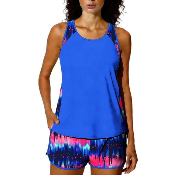 UTSJKR Tankini Swimsuits for Women Summer Fashion Two Piece Tummy Control Bathing Suit with Shorts Modest Swimwear Blue XXL