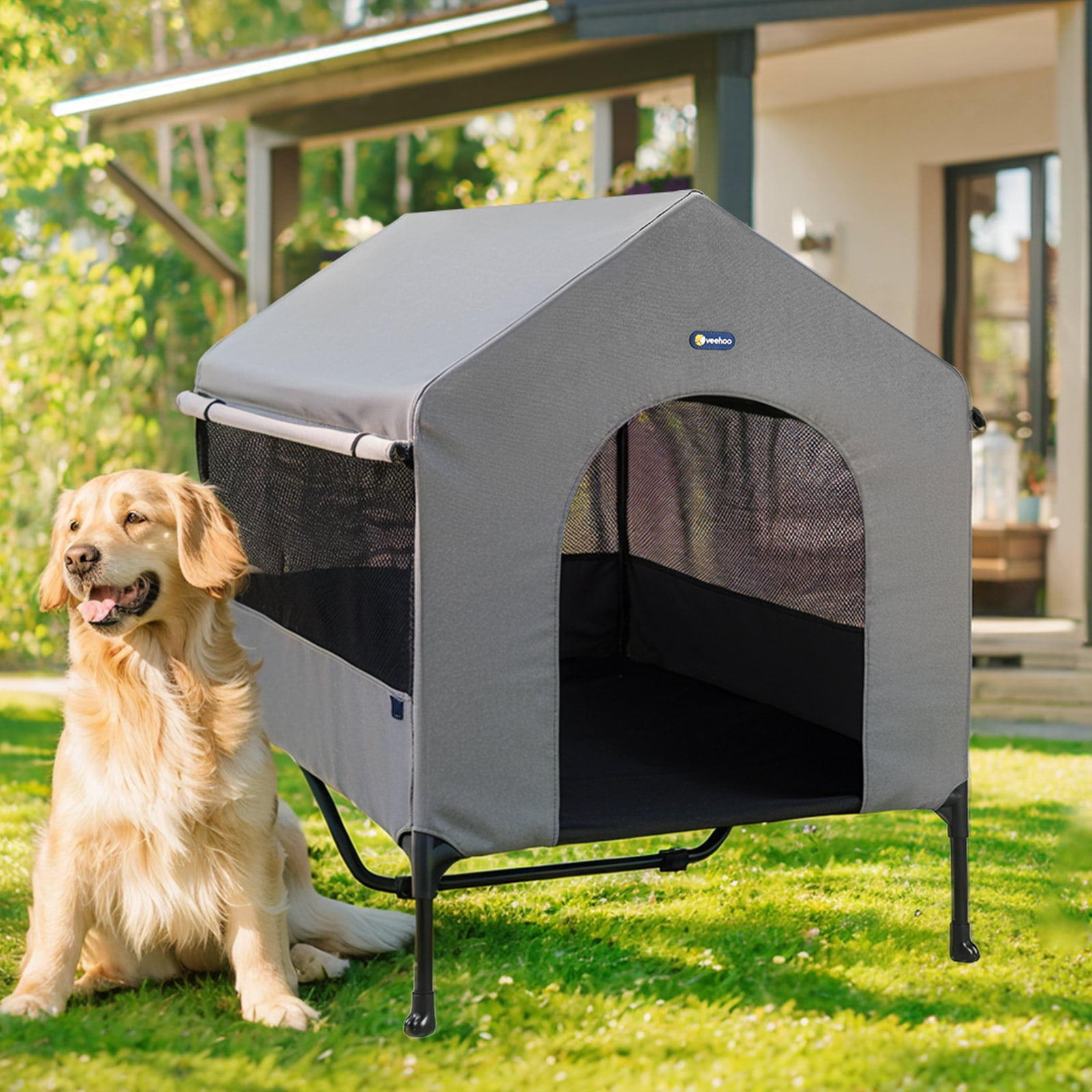 Veehoo 47" Dog House, Elevated Dog Bed with Three-Sided Breathable Mesh Windows and Sunshades
