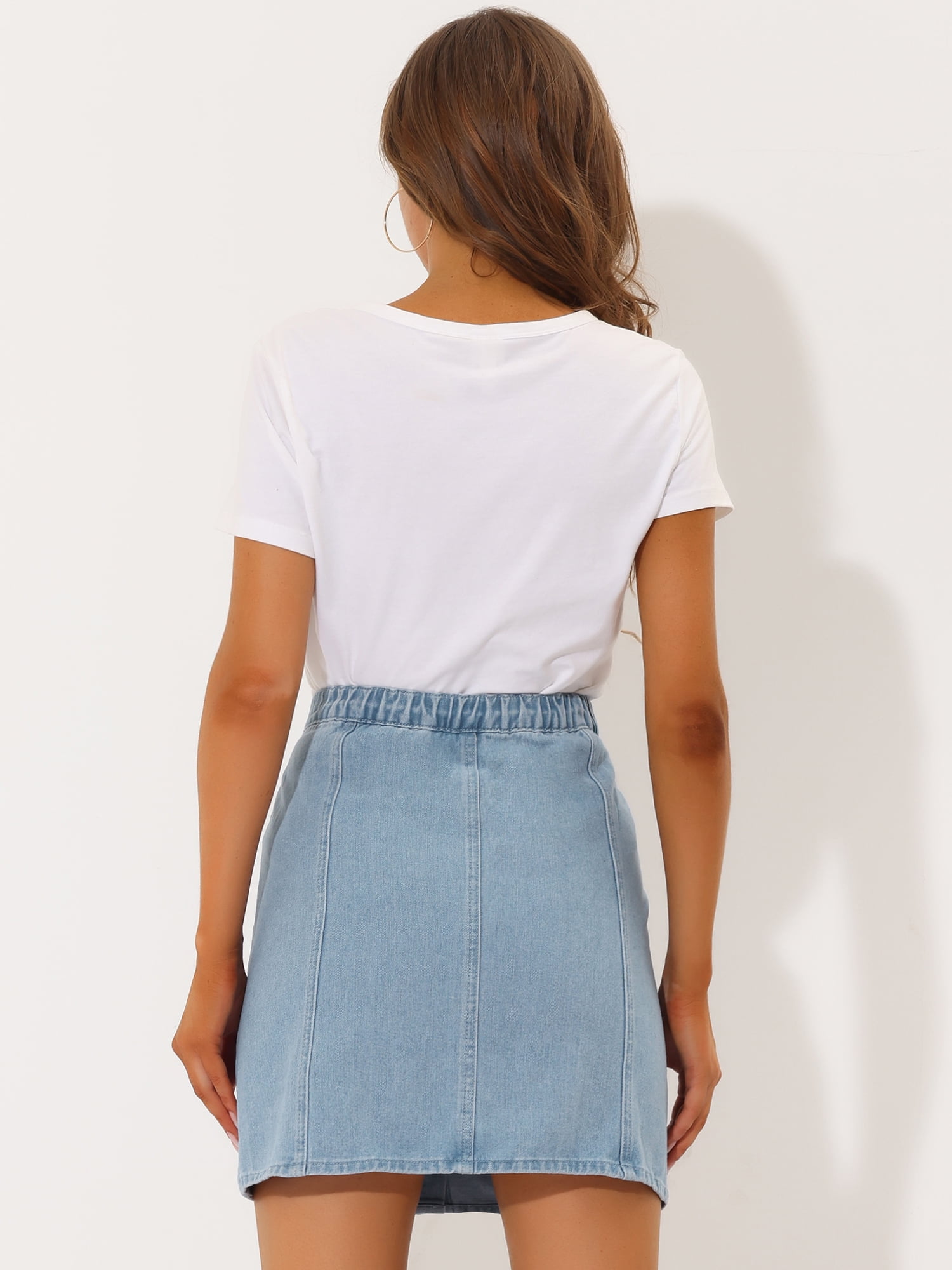 DARING DIVA Women's A-line Button Front Denim Short Skirt L Light Blue Grey