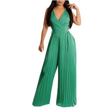 Women Elegant Jumpsuit Ladies Ribbed Wide Leg Playsuits Sleeveless High Elastic Waist V Neck One Piece Romper All In One Loose Overall Pants Bodysuit Outfit for Casual Work Formal