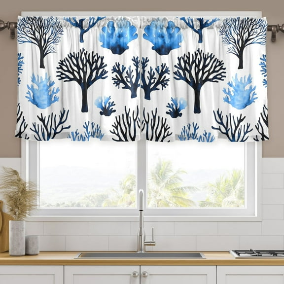 Ryvnso Blue Coral Curtains Sets Short Curtain Rod Pocket Half Window Cafe Farmhouse Tier 2 Panels 57"W x 24"L