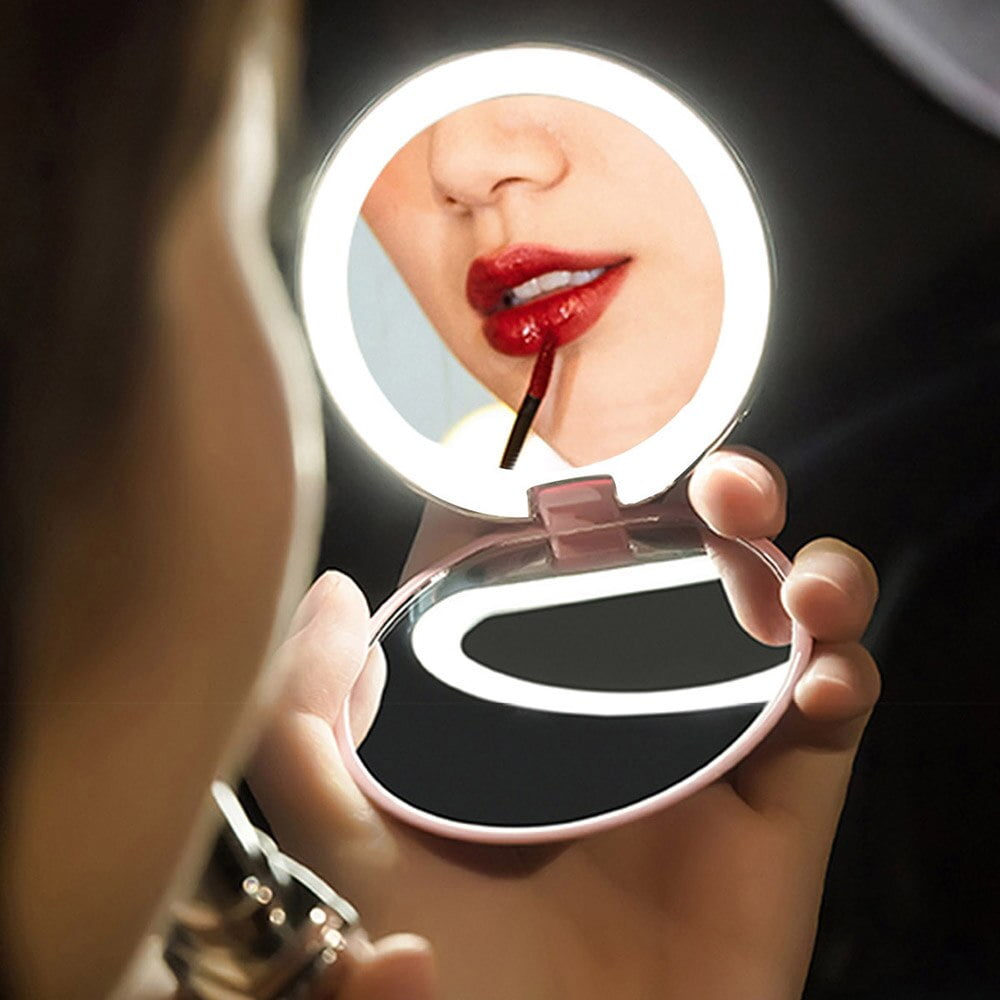 RisingPro Portable LED Lighted Makeup Mirror Folding Magnifying Round