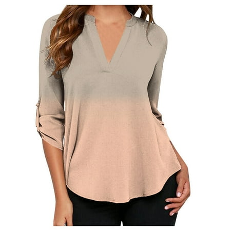 

Women s Plus Size Tie-Dye Gradient Chiffon V Neck Long Sleeve Shirt Tops Blouse