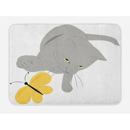 Grey and Yellow Bath Mat, Cat Pet Feline Best Friend Playing with Spring Butterfly Print, Non-Slip Plush Mat Bathroom Kitchen Laundry Room Decor, 29.5 X 17.5 Inches, Black Marigold and Grey, (Best Non Yellowing Polyurethane)
