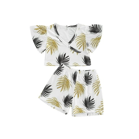 

Nokpsedcb 2Pcs Little Kids Girls Outfit Summer Leaves Printing V-neck Fly Short Sleeve Tops + Elastic Waist Shorts White 4-5 Years