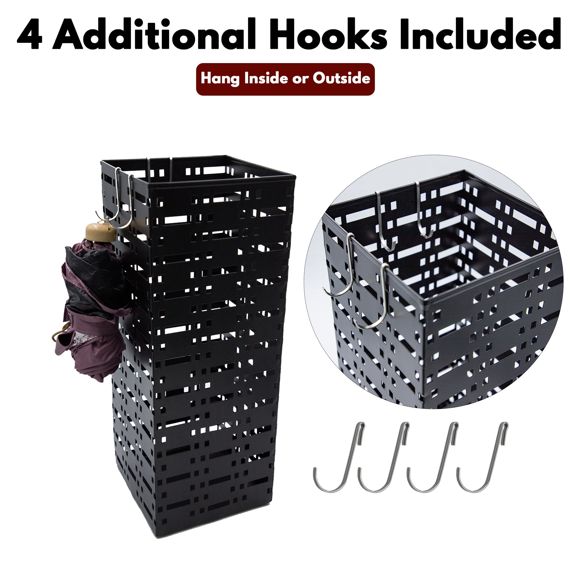 Taikonlab Set of 2 Umbrella Holder for Entryway with 4 Hooks, 16.5" Tall Freestanding Umbrella Stand (Square + Round)