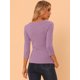 thumbnail image 4 of Top acanalado de decoración de botones de punto sólido de las mangas del cuello en V de las mujeres 3/4 Gris VioleM Allegra K, 4 of 5