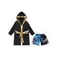 thumbnail image 3 of Oyolan Kids Boys Muay Thai Boxing Outfits Satin Metallic Hooded Boxer Robes with Kickboxing Shorts Set B5 8, 3 of 5