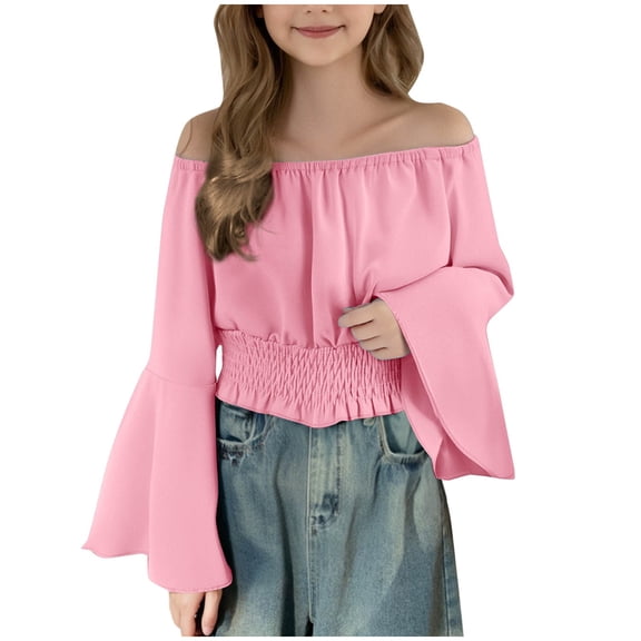 ZQUUVOU Girls Off Shoulder Top Casual Flounce Long Sleeve Ruched Crop Top Summer Tunic Blouse Lightweight Flowy for 5-15 Years Pink