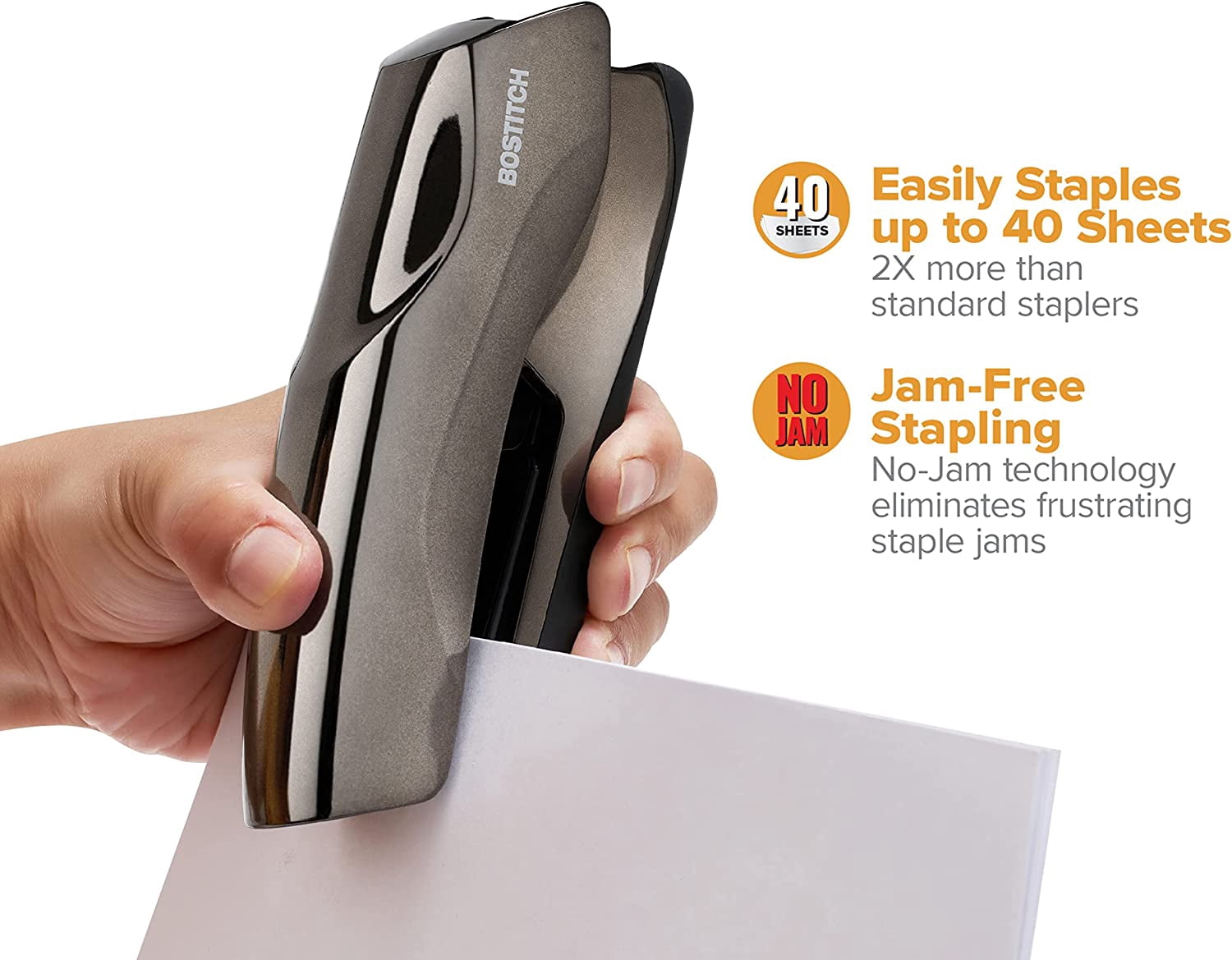 Bostitch Office Heavy Duty 40 Sheet Stapler, Antimicrobial Protected, Full-Strip, Black Chrome