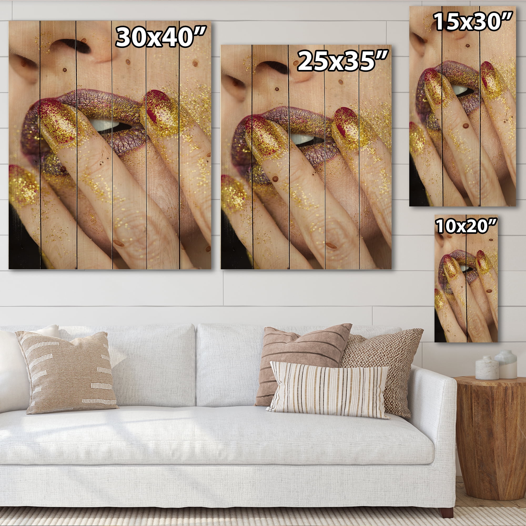 Designart 'Close-Up Of Woman Golden Gold Glitter Lipstick' Modern Print on Natural Pine Wood