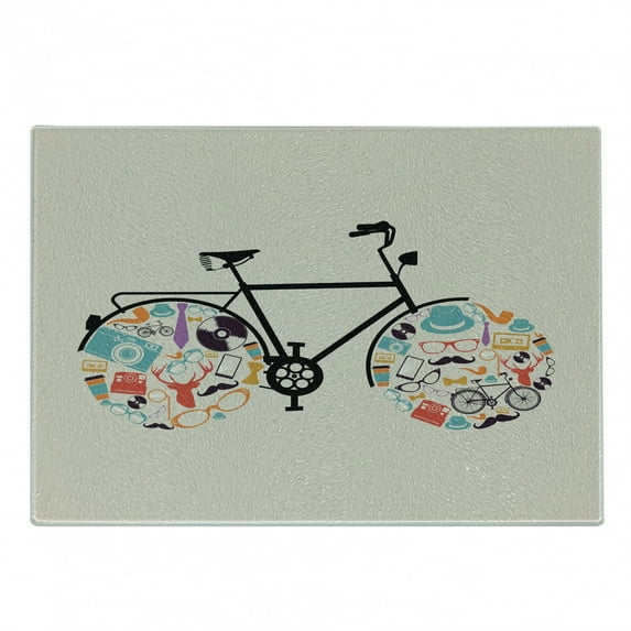 Hipster Cutting Board, Bicycle Vehicle with Wheels Full of Old Fashioned Hipster Urban Subculture, Decorative Tempered Glass Cutting and Serving Board, Small Size, Multicolor, by Ambesonne