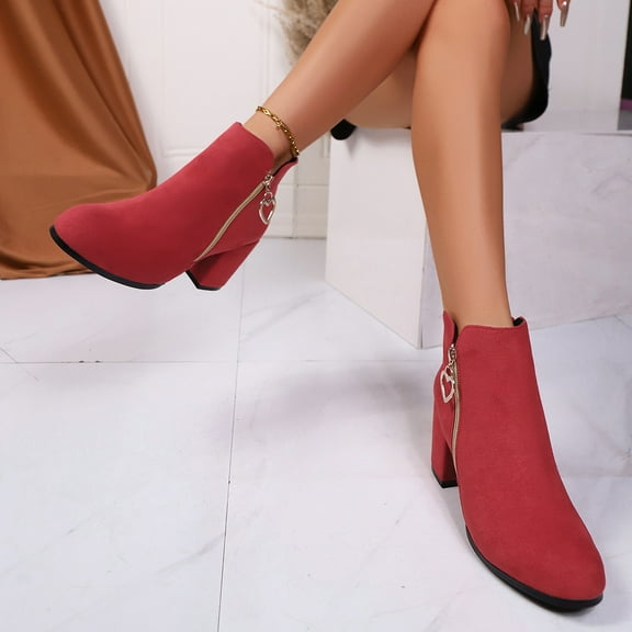 PiGOGI Women's Heart Boots for Women Side Zipper Ankle Booties Fall Winter Fashion Chunky Heel Trendy Red 42