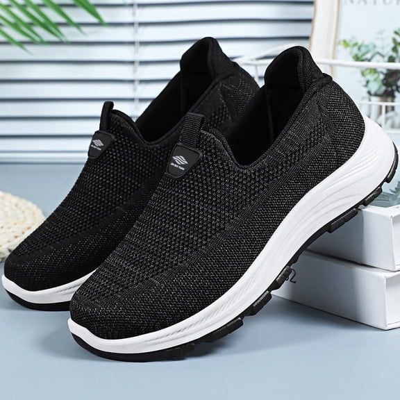 Womens Shoes Slip On, Womens Slip On Walking Shoes, Women's Flat Breathable Fly Woven Mesh Sneakers,Casual Fashion Non-Slip Walking Shoes Comfortable Soft Sole Slip-On Loafers Tennis Shoes, Black 6