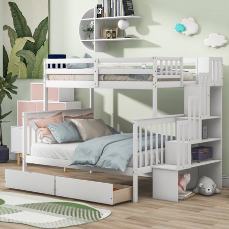 Tcbosik Twin Over Full Bunk Bed with 2 Drawers and Staircases  Convertible into 2 Beds  the Bunk Bed with Staircase and Safety Rails for Kids  Teens  Adults  White
