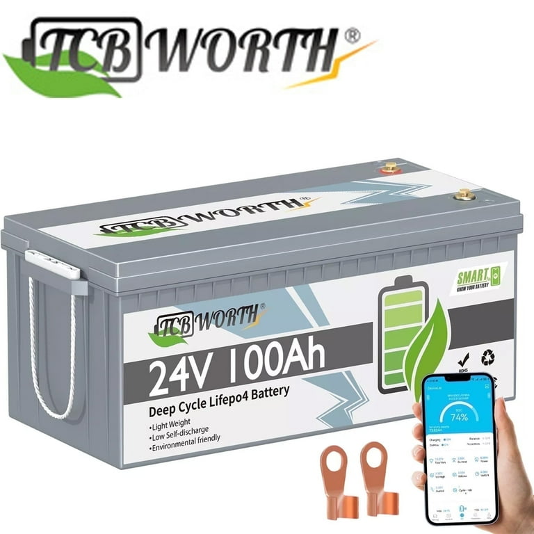 TCBWORTH 24V 100Ah Lithium Battery, Bluetooth Monitoring, Deep
