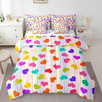 Feelyou Colorful Love Heart Bedding Comforter Set 7pcs for Kid, Stripes Geometric Queen Bedding Sets, Kawaii Cute Cartoon Reversible Queen Sheet Sets, Microfiber Bedroom Decor