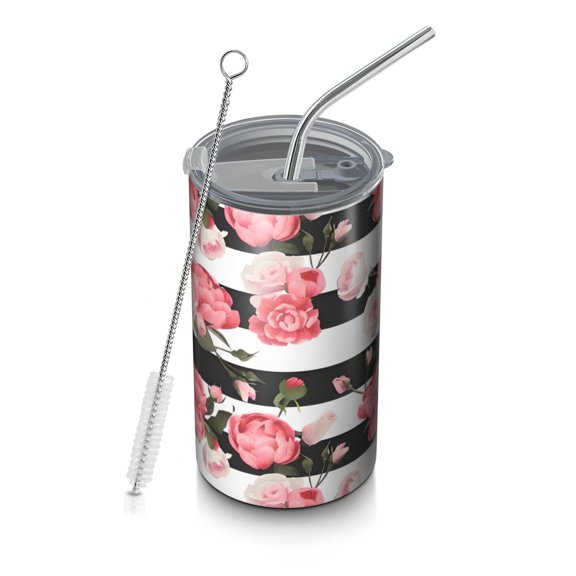 20oz Coffee Tumblers Pioneer Flower Floral Print Pattern Stainless Steel Vacuum Insulated Travel Tumbler Coffee Cups Mug with Lid and Straw with Cleaning Brush for Cold & Hot Drinks