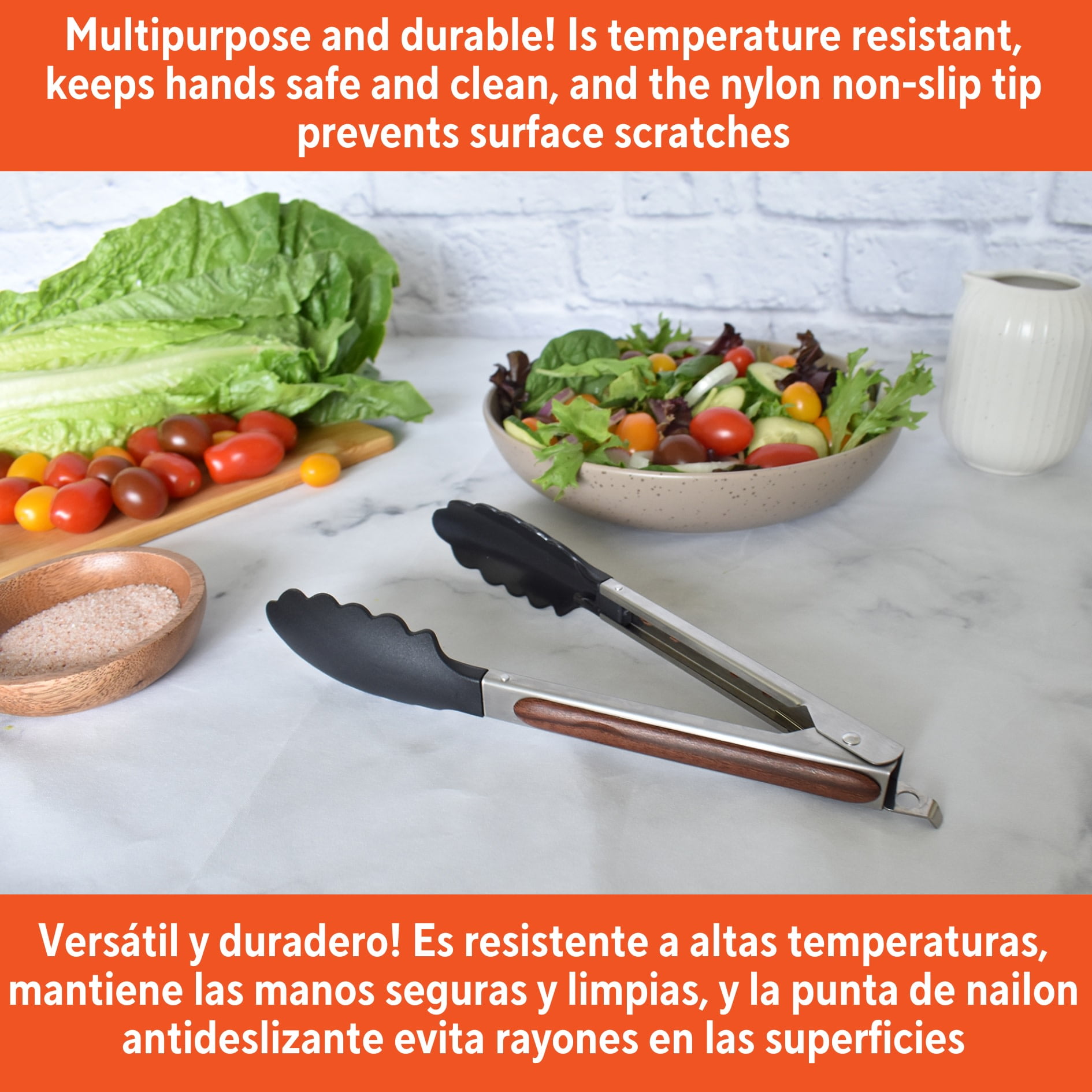 IMUSA 9in Chef WL Stainless Steel Food Tongs with Nylon Tips and Wood Look Grip