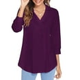 thumbnail image 6 of Womens Spring Summer 3/4 Sleeve T Shirts Solid Color V Neck Collared Flowy Work Office Blouses Casual Loose Tunics, 6 of 7
