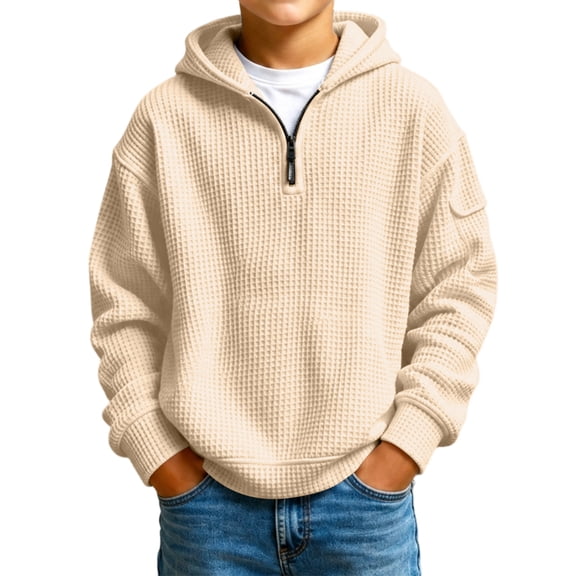 Dweltoz Boys Quarter Zip Hoodies Waffle Knit Long Sleeve Hooded Sweatshirts Casual Kids Teens Pullover Tops Back to School Clothes 2026 Fall Winter Athletic Hoodies,Beige 9-10 Years