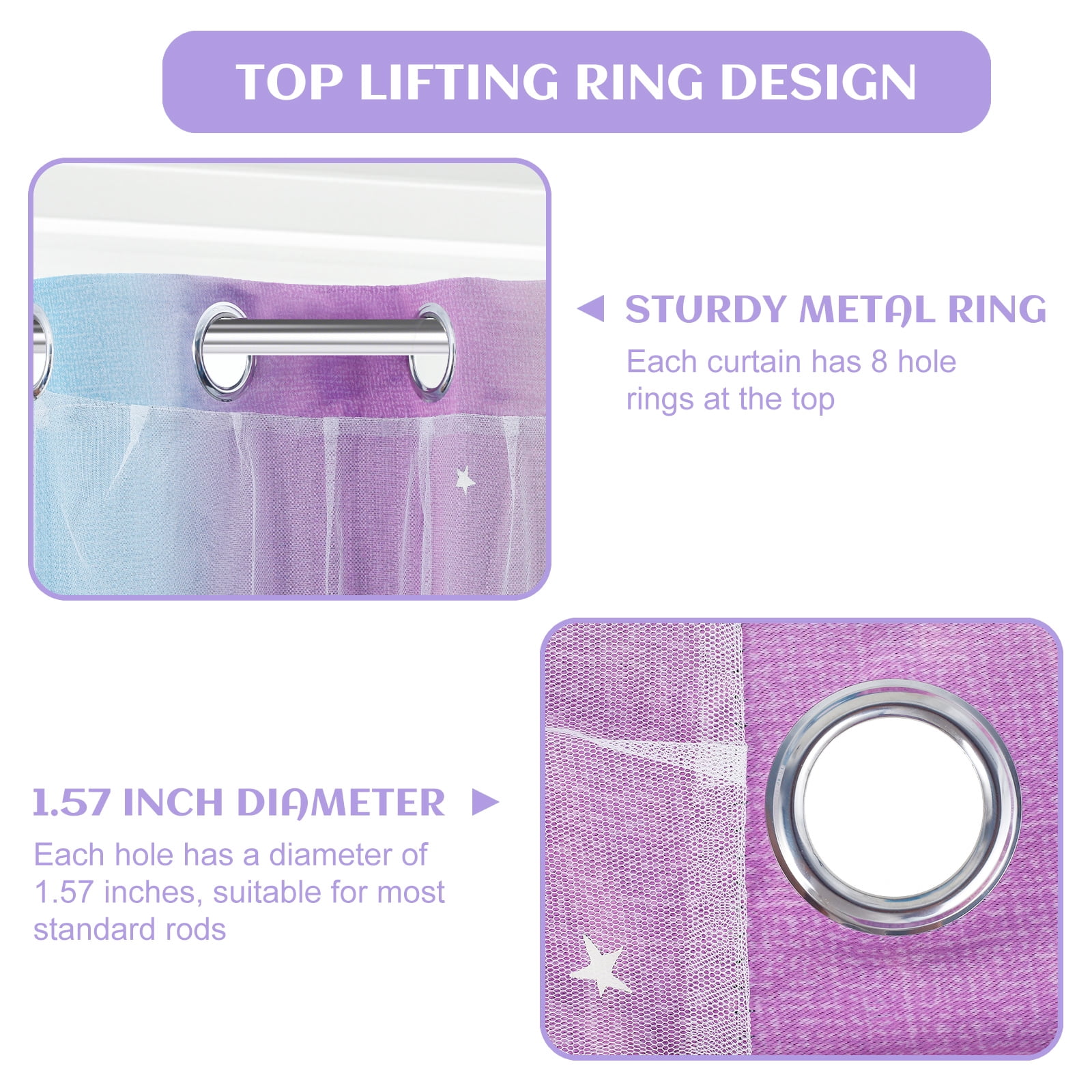 Dznils Star Ombre Printed Grommet Sheer Blackout Curtain Panel Set, 4 Piece, Purple, 52" W x 72" L