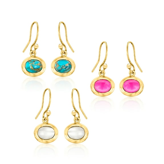 Ross-Simons Turquoise, 6x8mm Cultured Pearl and 2.00 ct. t.w. Pink Chalcedony Jewelry Set: 3 Pairs Of Drop Earrings in 18kt Gold Over Sterling, Women's, Adult