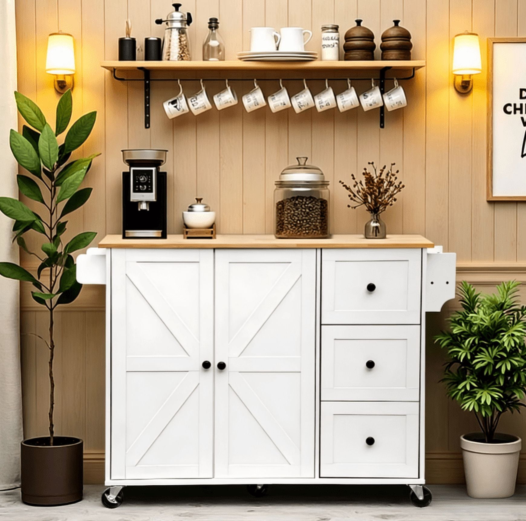 【HOSTK】White Rolling Kitchen Island Cart with Storage Cabinet, Drawer, Wine Rack & 2 Adjustable Shelves, Mobile Kitchen Storage Cabinet on Wheels