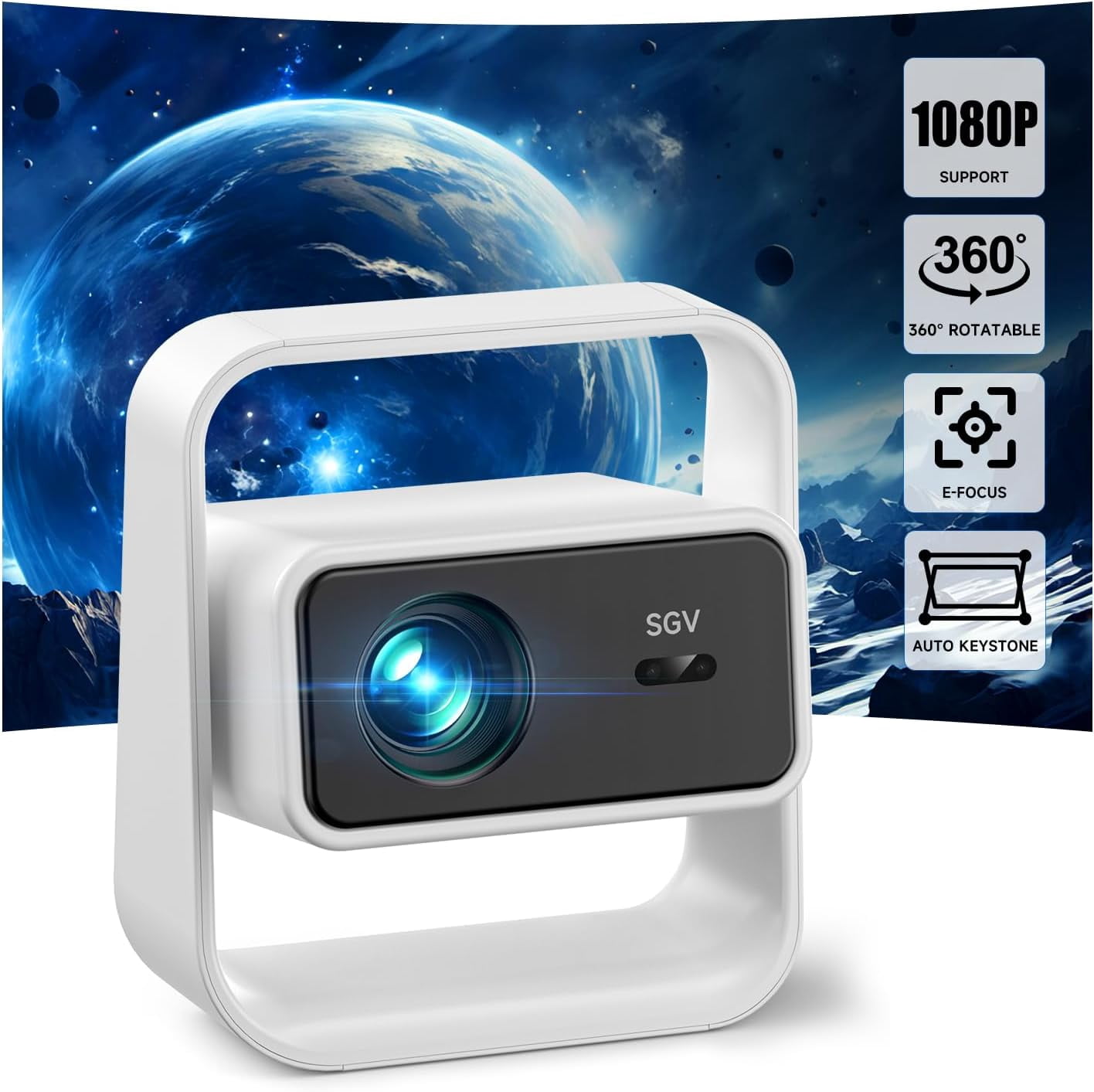 Projector with Electric  &  Correction, 1080P 4K Supported Android 12.0 Dual-Band WiFi  USB Portable for Bedroom Outdoor Home Theater Gaming S106