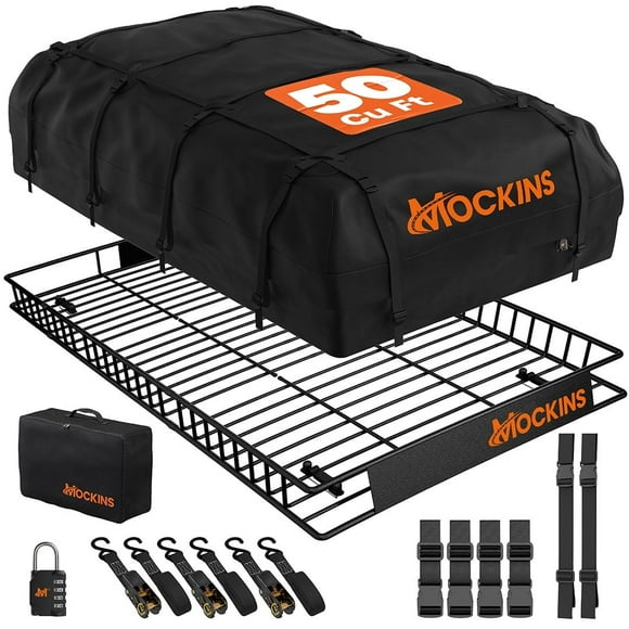 Mockins Ensemble de Porte-Bagages de Toit TTG 90"x50"x6" avec Sac de Transport de Cargaison Supérieur de 50 Pi3, Sangles, Serrure et Étui de Transport