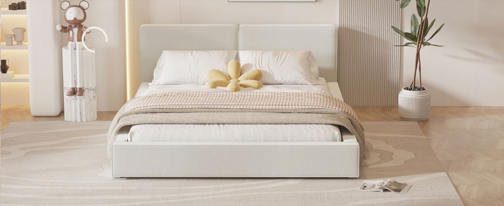 Queen Size Velvet Upholstered Bed with Solid Frame, Beige
