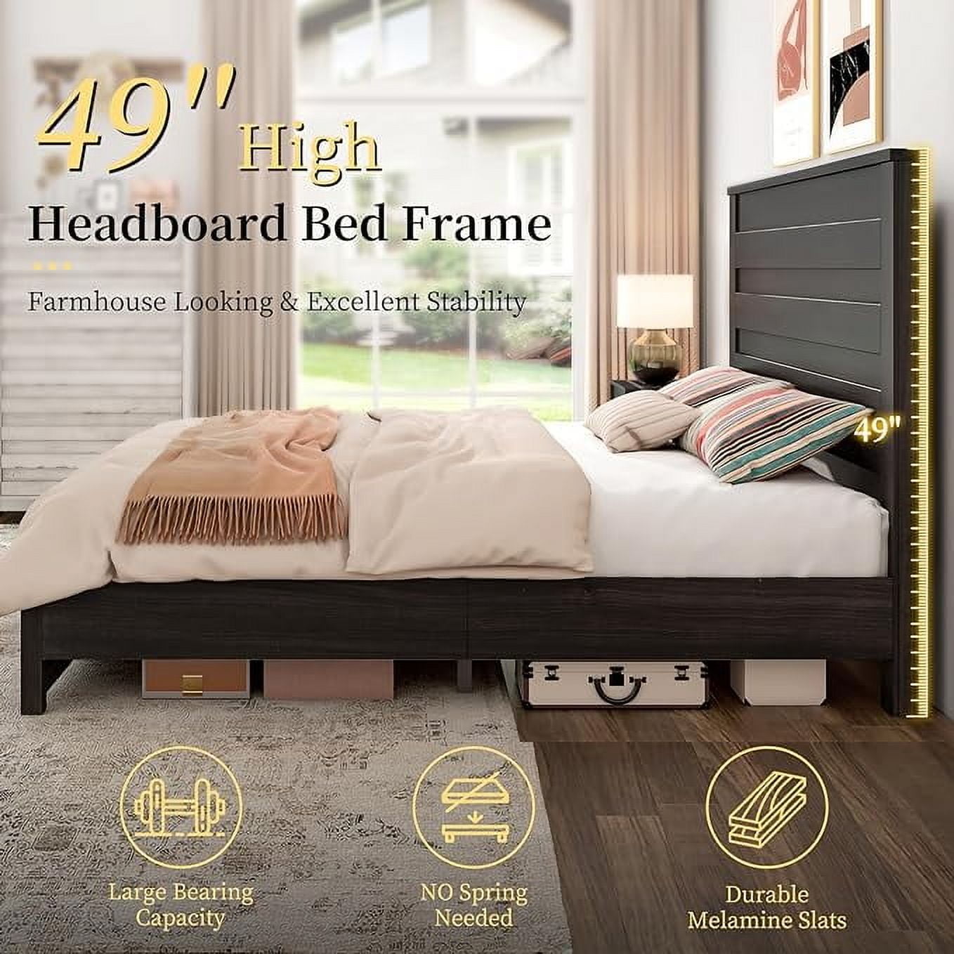 VanAcc Full Size Bed Frame with 49" Tall & Full-Panel Headboard, Farmhouse Platform Bed with Wood Slats & Metal Bed Frame, Noise Free