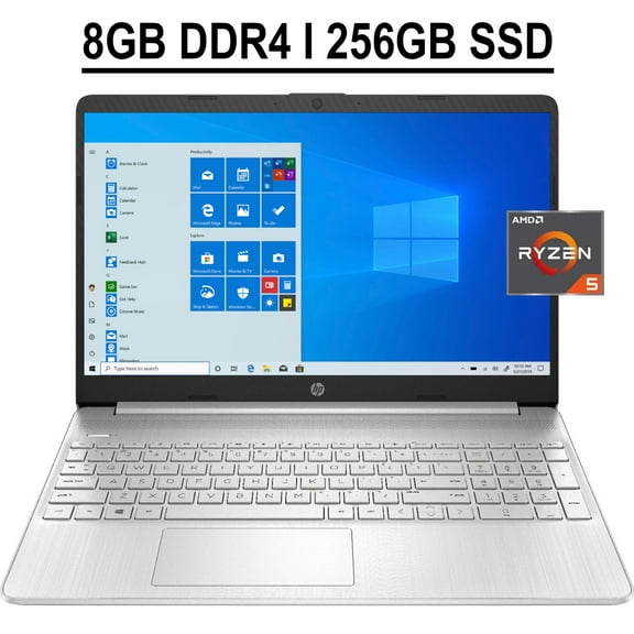 HP 15 Business Laptop 15.6" FHD Anti-glare Display AMD Hexa-Core Ryzen 5 5500U 8GB DDR4 256GB SSD Integrated AMD Radeon Graphics HDMI USB-C WIFI Bluetooth Webcam Win10 Silver