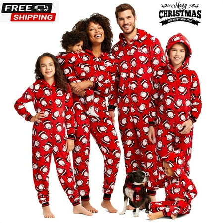 

Gueuusu Christmas Family Matching Christmas Pajamas Set Fleece One Piece Zipper Hooded Jumpsuit Sleepwear Holiday Pajamas