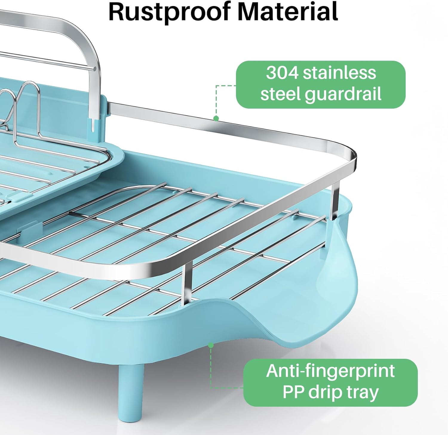 Dish Drying Rack - Expandable Dish Rack for Kitchen Counter, Rust-Resistant Dish Drainer with Utensil Holder and Raised Guardrail, Kitchen Organizer for Cup and Bottle (Blue)