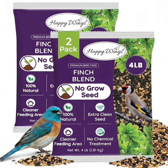 Happy Wings 4lbs No Grow Finch Blend (Sunflower Hearts/Kernels and Nyjer Seed Mix) & Feeders Wild Bird Seed -Food for Wild Birds, Dry, 2 Pack