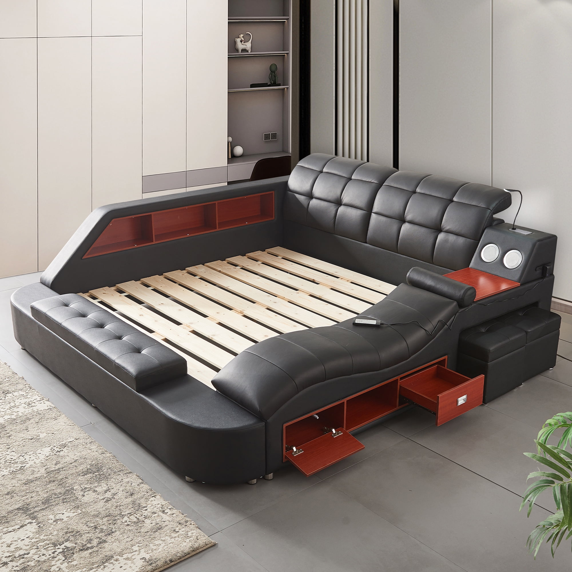 Smart King Bed Frame, Multifunction Upholstered Storage Bed with Right-Side Massage Recliner, Bluetooth Speaker, USB Charging Port, Leather Adjustable Headboard